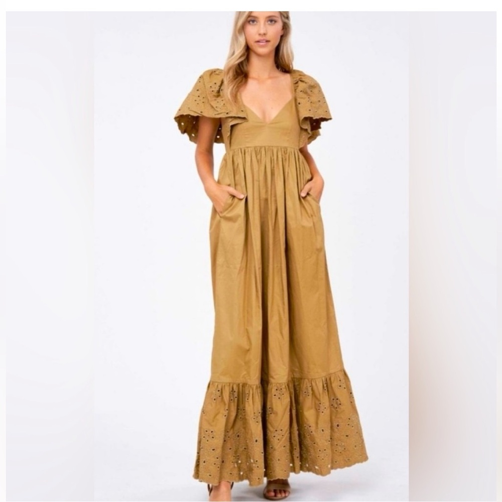 En Saison Flutter Sleeve Eyelet Cotton Barnet Maxi Dress in Natural/Light Brown